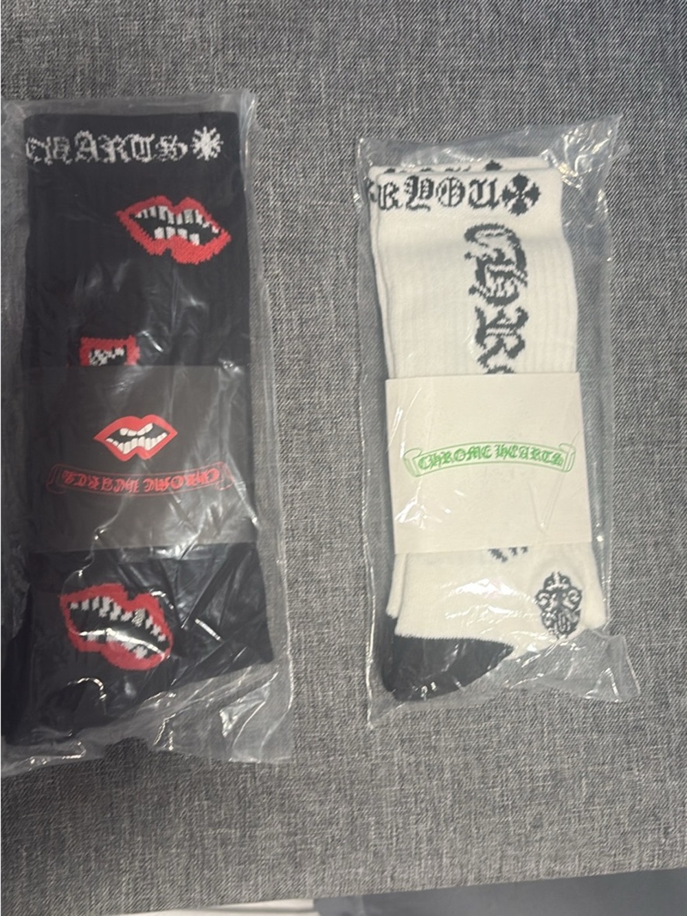 Chrome Hearts Men’s Crew Socks - Black with Red Lips & White with Black Script